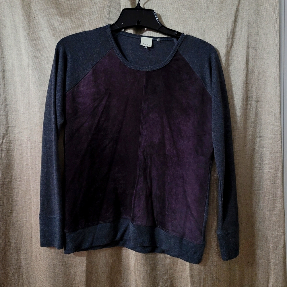 Ecru Soft Gray and Purple Suede Panel Sweater